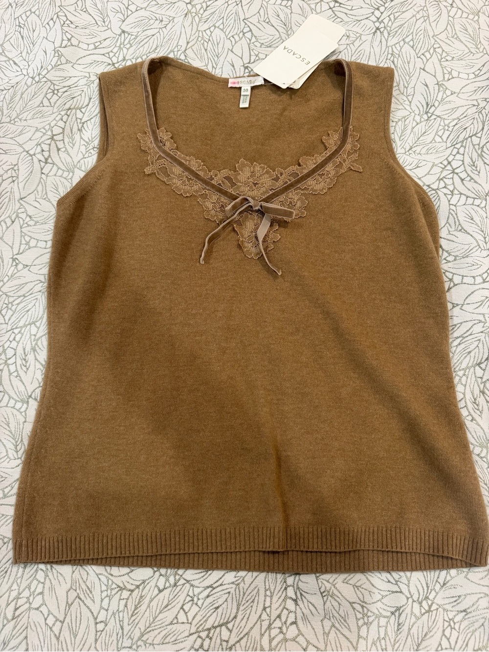 Escada Brown Lace-Trim Sleeveless Knit Tank